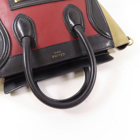 CELINE GHW Nano Luggage 2 Way Bag Suede Calfskin Leather Red Black Beige