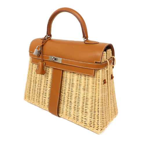 HERMES PHW Kelly Picnic 35 Handbag 063055CK Barenia Osier Wicker Brown Beige