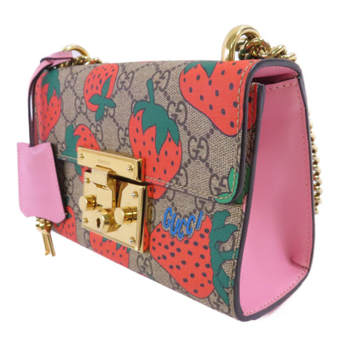 GUCCI GHW GG Supreme Padlock Small Shoulder Bag Coated Canvas 409487 Brown Pink