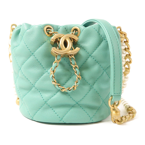 CHANEL CC GHW Pearl Bucket Shoulder Bag Lambskin Leather Green