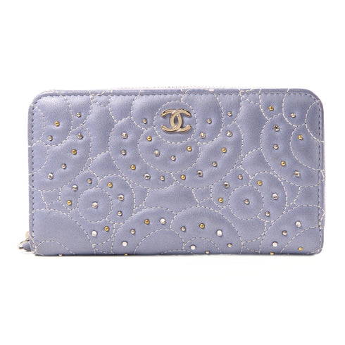 CHANEL CC SHW Zipper Wallet A82284 Lambskin Leather Light Blue