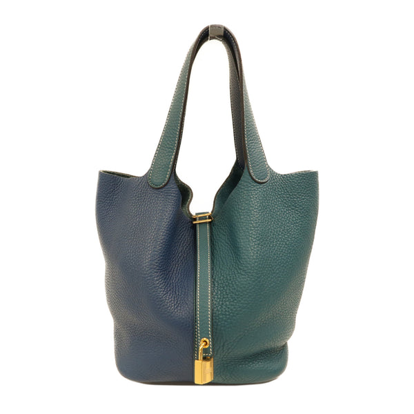 HERMES GHW Picotin MM Handbag Tote Bag Clemence Leather Deep Blue/Vert Bosphore