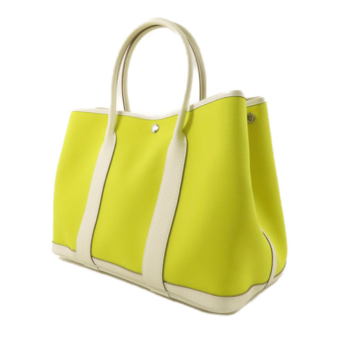 HERMES PHW Garden Party PM Handbag Canvas Lime/Blanc