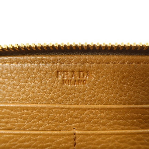 PRADA GHW Zipper Long Round Wallet Calfskin Leather Brown