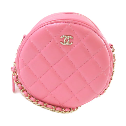 CHANEL Quilted GHW CC Round Pearl Shoulder Bag Crossbody Lambskin Leather Pink
