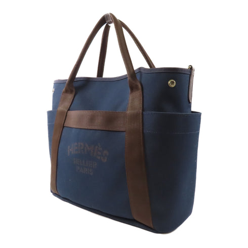 HERMES PHW Pansage Groom 2 Way Shoulder Bag Canvas Blue Navy Feu
