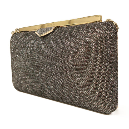 JIMMY CHOO GHW Ellipse Glitter Clutch Bag Chain Shoulder Bag Fabric Silver