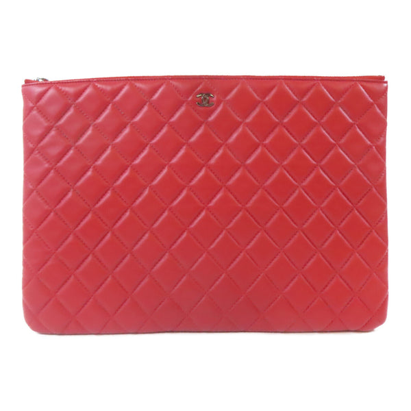CHANEL Quilted CC SHW Pouch Clutch Bag Lambskin Leather Red