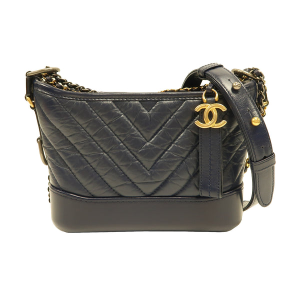 CHANEL Herringbone CC Gabrielle Small Chain Shoulder Bag Lambskin Navy