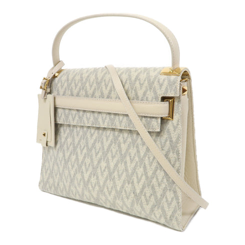 Valentino GHW 2 Way Shoulder Bag Calfskin Leather/Tweed Grey/White