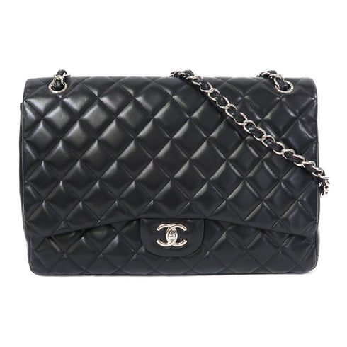 CHANEL Quilted CC SHW Maxi Jumbo Chain Shoulder Bag Lambskin Leather Black