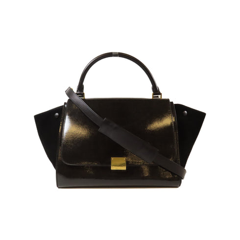 CELINE GHW Trapeze 2 Way Shoulder Bag Patent Leather Black