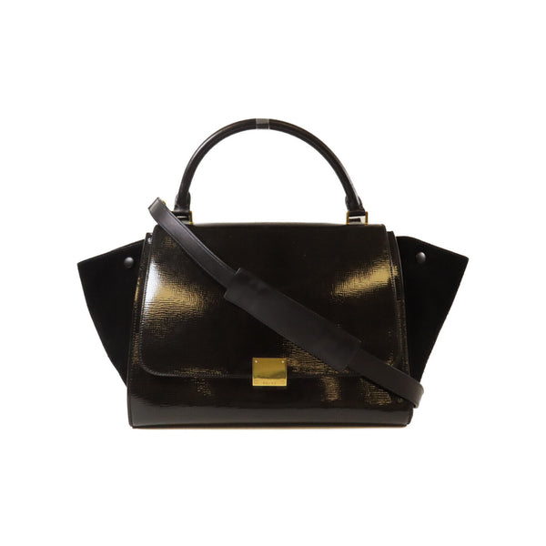 CELINE GHW Trapeze 2 Way Shoulder Bag Patent Leather Black