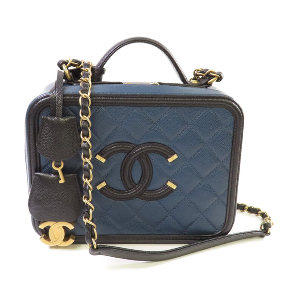 CHANEL Quilted CC Filigree Vanity Case Shoulder Bag Caviar Skin Leather Blue