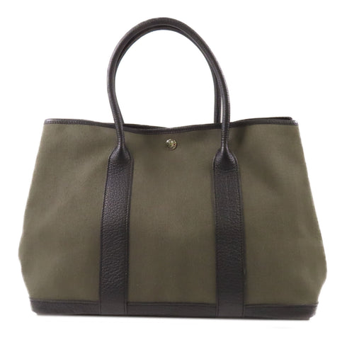 HERMES PHW Garden Party PM Handbag Tote Bag Canvas Green