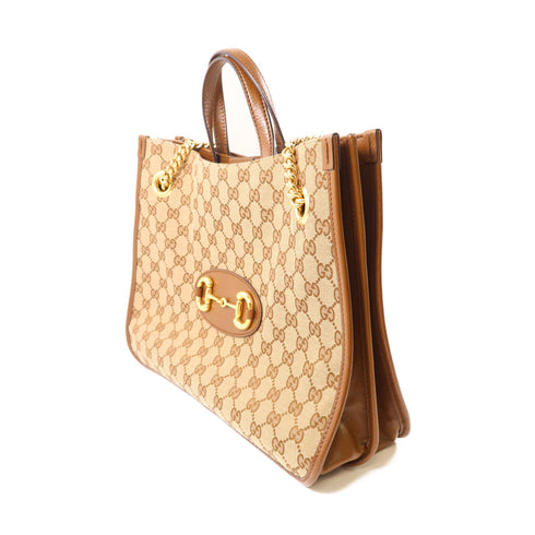 GUCCI GHW Horsebit 2 Way Shoulder Tote Bag 621144 GG Canvas Leather Brown