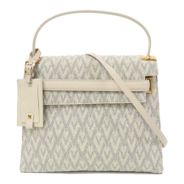 Valentino GHW 2 Way Shoulder Bag Calfskin Leather/Tweed Grey/White
