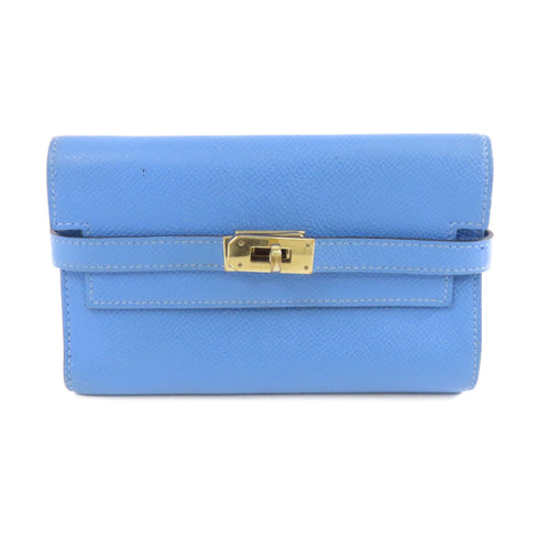 HERMES GHW Kelly Compact Wallet Veau Epsom Leather Blue Paradis