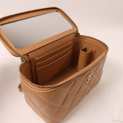 CHANEL CC GHW Vanity Bag 2 Way Chain Shoulder Lambskin Leather Apricot