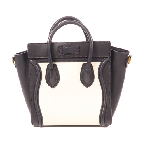 CELINE GHW Nano Luggage 2 Way Shoulder Bag Handbag Calfskin Leather Black White