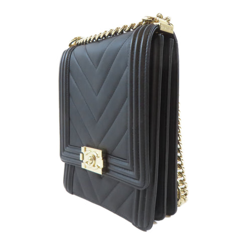 CHANEL Herringbone CC GHW Boy Chain Shoulder Bag Lambskin Leather Black