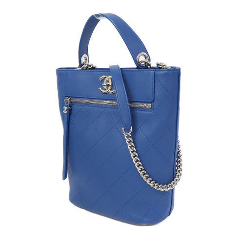 CHANEL Quilted CC SHW Chain Shoulder Bucket Bag Handbag Calfskin Leather Blue