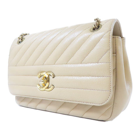 CHANEL Herringbone CC GHW Single Flap Chain Shoulder Bag Calfskin Leather Beige