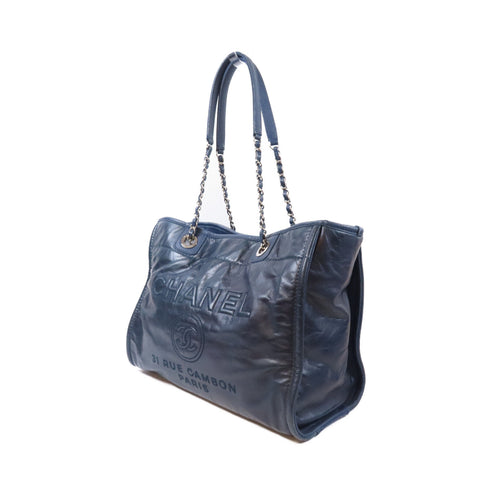 CHANEL CC SHW Beach Tote Bag Chain Shoulder Calfskin Leather Blue