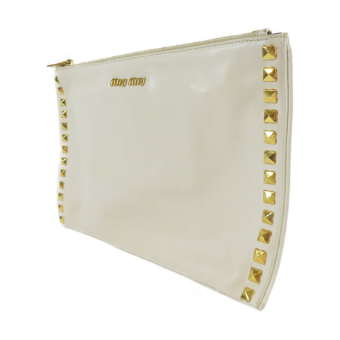 Miu Miu GHW Clutch Pouch With Handle Handbag RP0370 Calfskin Leather White