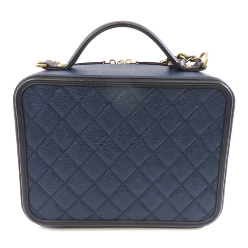 CHANEL Quilted CC GHW Vanity Case 2 Way Chain Shoulder Bag Leather Navy Black