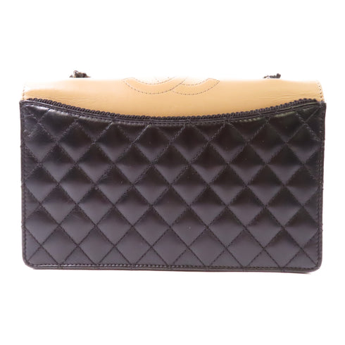 CHANEL Quilted CC SHW Chain Shoulder Bag Calfskin Leather Black Beige