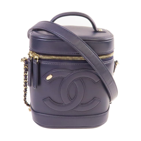 CHANEL CC GHW Vanity Case Chain Shoulder Bag Lambskin Leather Deep Blue