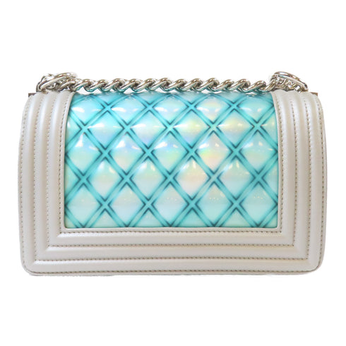 CHANEL Quilted CC SHW Water Boy Flap Chain Shoulder Bag PVC Leather Blue Grey