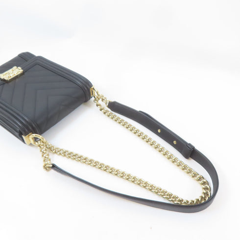 CHANEL Herringbone CC GHW Boy Chain Shoulder Bag Lambskin Leather Black