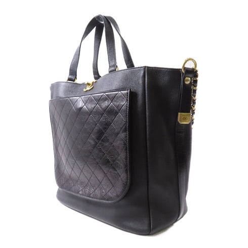 CHANEL CC GHW 2 Way Shoulder Bag Handbag Calfskin Leather Black