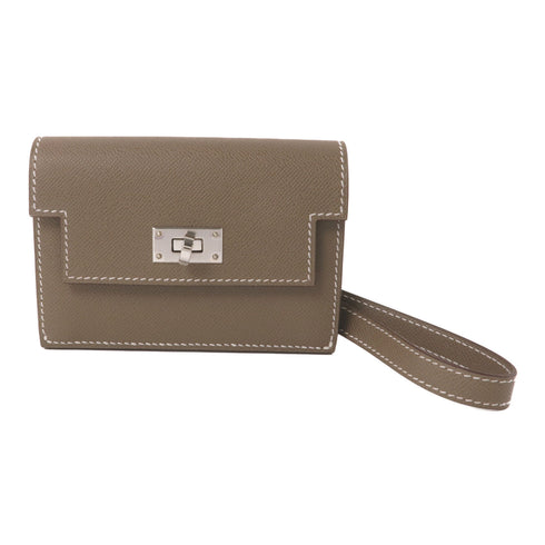 HERMES PHW Kelly Pocket Slim Coin Case Purse Wallet Madame Leather Etoupe