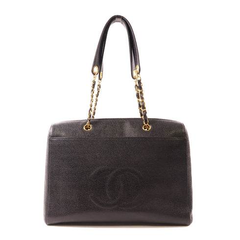CHANEL CC GHW Vintage Shoulder Bag Chain Shoulder Tote Calfskin Leather Black