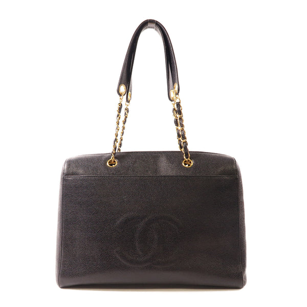 CHANEL CC GHW Vintage Shoulder Bag Chain Shoulder Tote Calfskin Leather Black