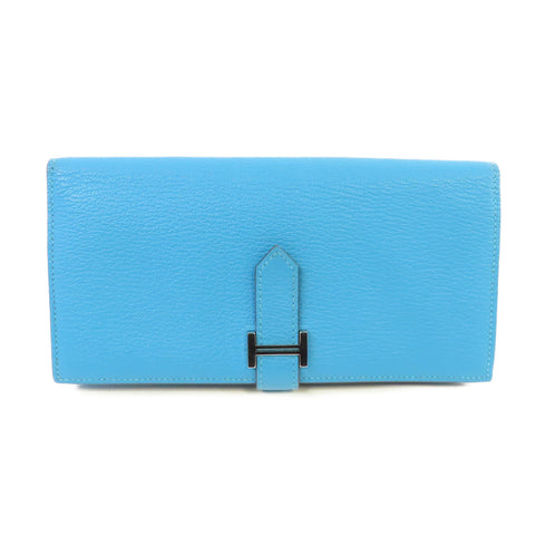 HERMES PHW Bearn Long Wallet Chevre Leather Blue