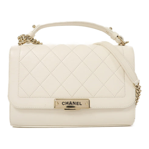 CHANEL Quilted CC GHW 2 Way Chain Shoulder Bag Calfskin Leather White