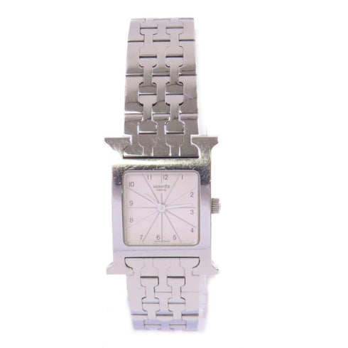 HERMES SHW Medium Heure H Quartz Watch Stainless Steel White Silver Tone Color