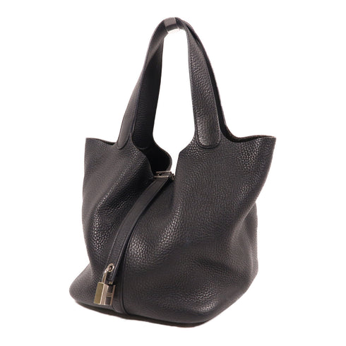 HERMES PHW Picotin MM Handbag Clemence Leather 2Z Bleu Nuit