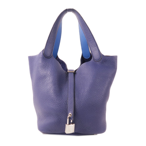 HERMES PHW Picotin Lock Eclat MM Handbag Clemence Leather Bleu Encre/Blue