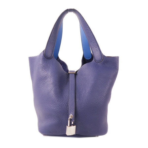 HERMES PHW Picotin Lock Eclat MM Handbag Clemence Leather Bleu Encre/Blue