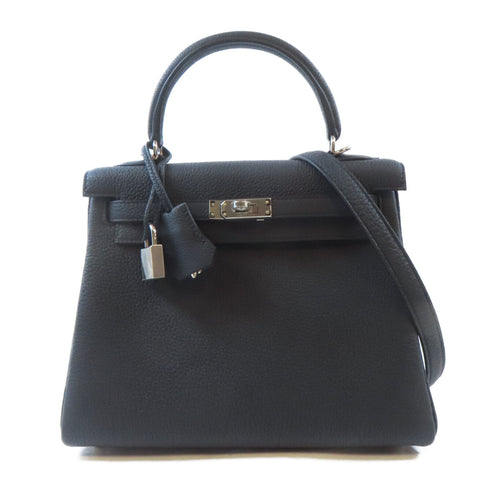 HERMES PHW Kelly 25 2 Way Shoulder Handbag Togo Leather Black Noir