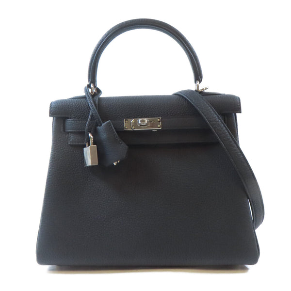 HERMES PHW Kelly 25 2 Way Shoulder Handbag Togo Leather Black Noir