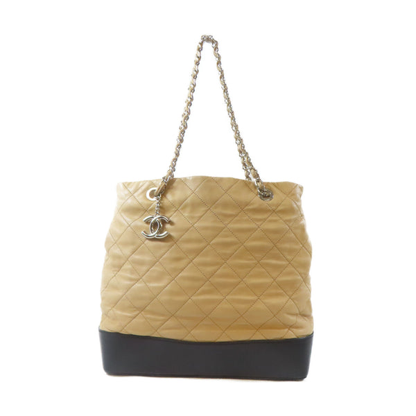 CHANEL Quilted CC SHW Chain Shoulder Handbag Lambskin Leather Beige Black