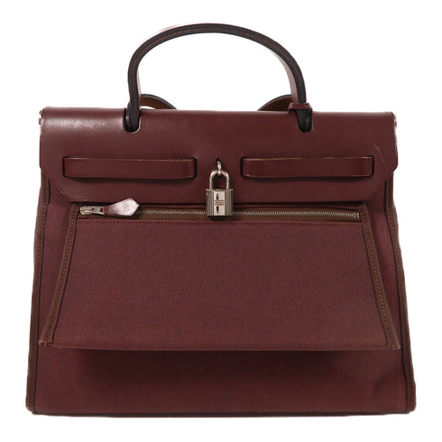 HERMES PHW Herbag PM 2 Way Shoulder Bag Canvas/Calfskin Leather Brown