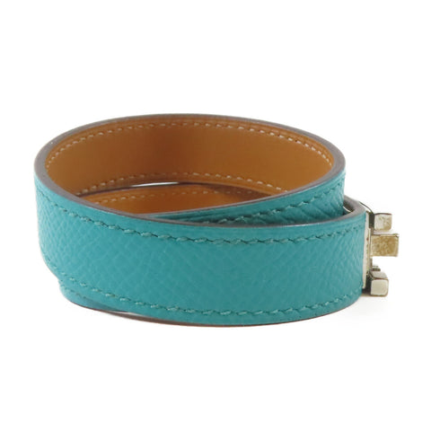HERMES Drag Double Bracelet Bangle 07212CK Epsom Leather Bleu Paon/Green