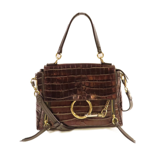 Chloe Faye Day Handbag Shoulder Bag Embossed Calfskin Leather Brown